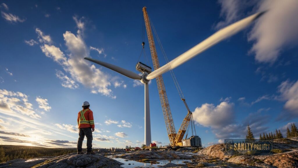 A worker in a safety vest and hard hat stands on rocky ground, watching a large crane install blades on a wind turbine—highlighting Canada's critical minerals powering clean energy. The blue sky, puddles, and distant forest complete the scene.