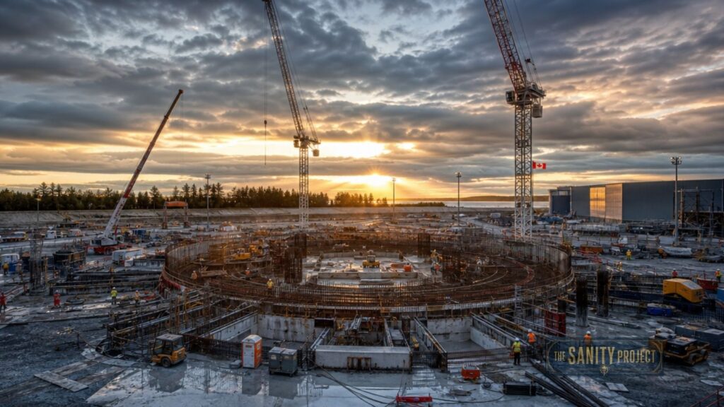 A large circular construction site at sunset, surrounded by cranes and equipment, is busy with workers in safety gear laying the foundation—part of Canada’s Nuclear Energy Strategy to advance Small Modular Reactor Canada initiatives. A Canadian flag waves in the distance.