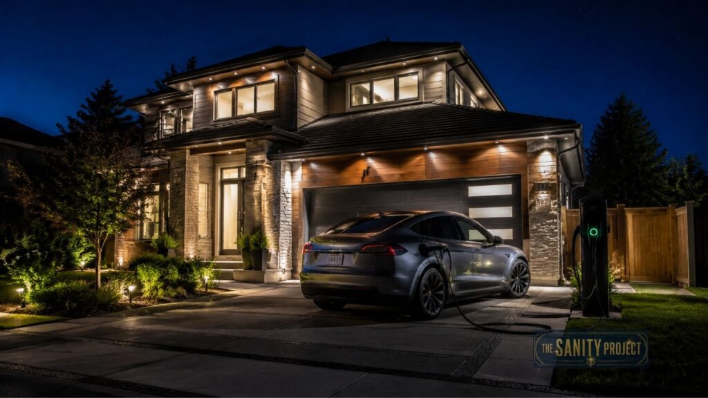 A modern two-story house at night is well-lit with warm exterior lights. An electric SUV, highlighting electric vehicle grid impact, is parked in the driveway charging. The sky is dark blue and lush landscaping surrounds a sign reading The Sanity Project.