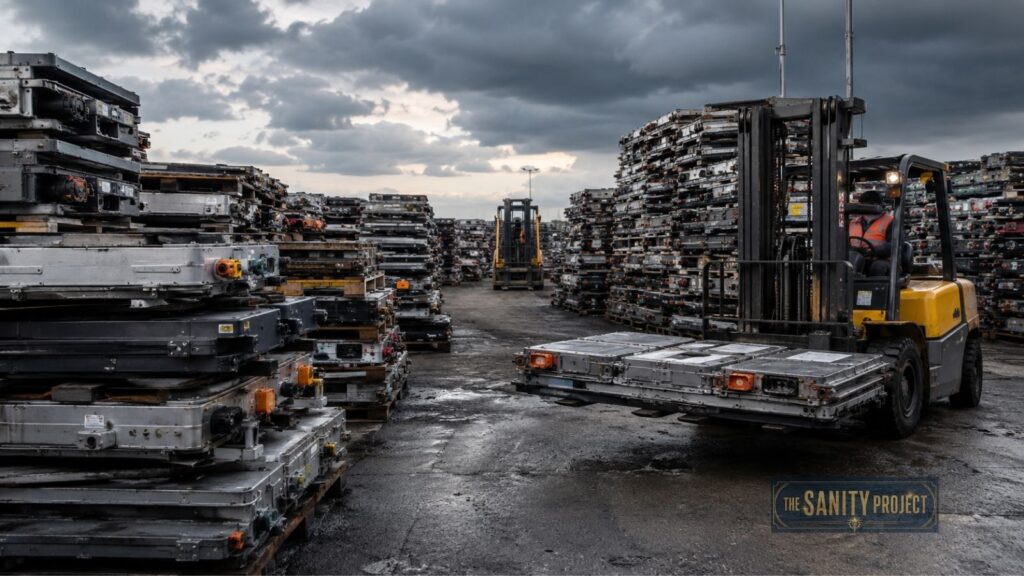 A forklift moves large metal batteries in an outdoor scrapyard, surrounded by tall stacks of used EV battery recycling materials under a cloudy sky. A worker in an orange vest operates the forklift. “The Sanity Project” logo appears in the lower right corner.