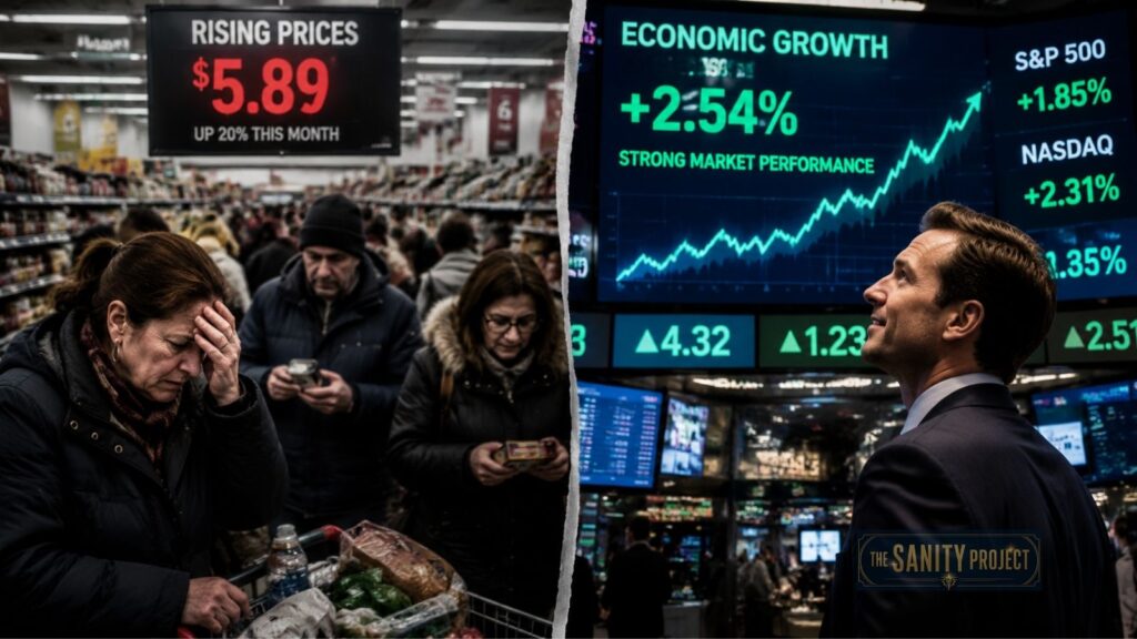 A split image: Left shows a crowded grocery store with worried shoppers and a sign reading “Rising Prices $5.89, Up 20% This Month.” Right contrasts perception vs economic reality—a confident man in a suit smiles at stock market screens showing +2.54% growth.