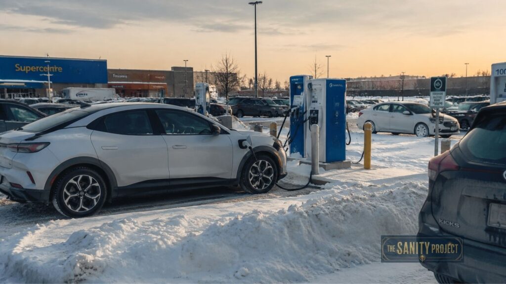 A white electric car, reflecting the rise of EV adoption in Canada, charges at a station in a snowy parking lot. Other cars and a Supercentre are visible, with tire tracks crisscrossing the slushy ground beneath an overcast sunset sky.
