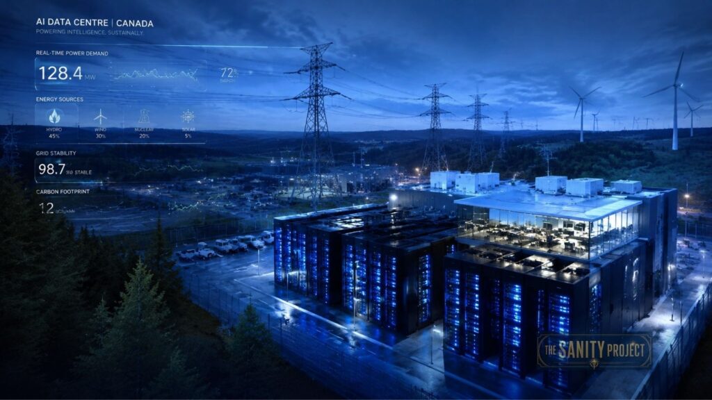 A futuristic AI data center in Canada, linked to the Canada Electricity Grid, glows with blue lights at dusk among power lines and wind turbines. Energy usage and carbon footprint data overlay the scene, with forested hills in the background.