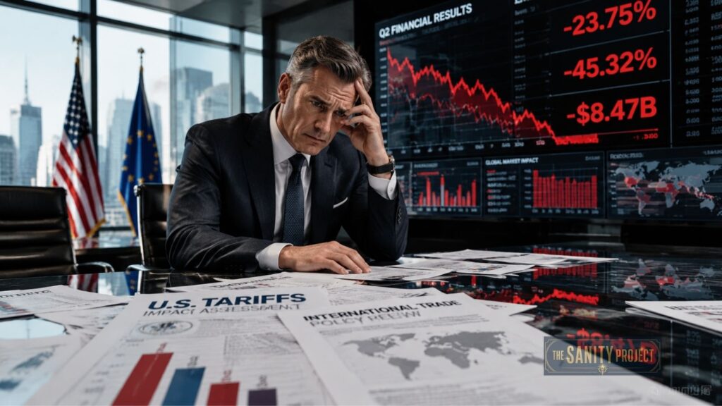 A worried businessman in a suit sits at a desk covered with papers on tariffs, trade policies, and lithium battery comparison reports. Behind him, screens display financial data, a steep red stock market decline, and negative figures. U.S. and EU flags are by the window.