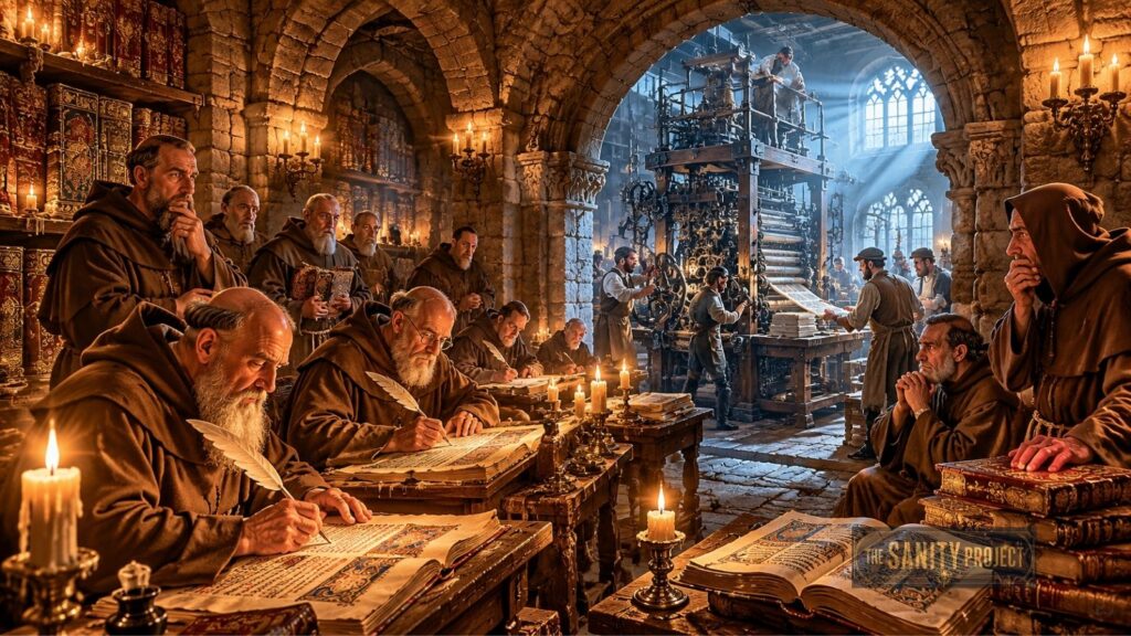 In a candlelit medieval stone scriptorium, monks in brown robes meticulously write and illuminate manuscripts at wooden desks, surrounded by towering bookshelves—an inspiring contrast to today’s ai generated content filling digital libraries with ai slop.