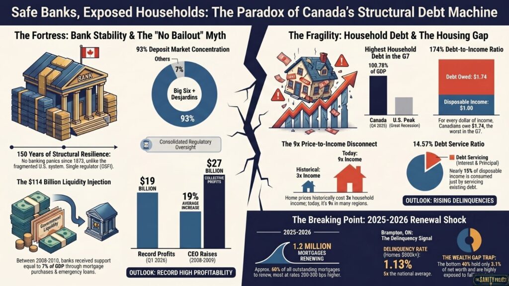 Infographic showing Canada’s stable banks (large vault, stats on liquidity, profits) versus fragile households burdened by rising Canadian household debt (cracked house, delinquencies). Timeline highlights 2025–2026 renewal shock with charts and stressed homeowners.