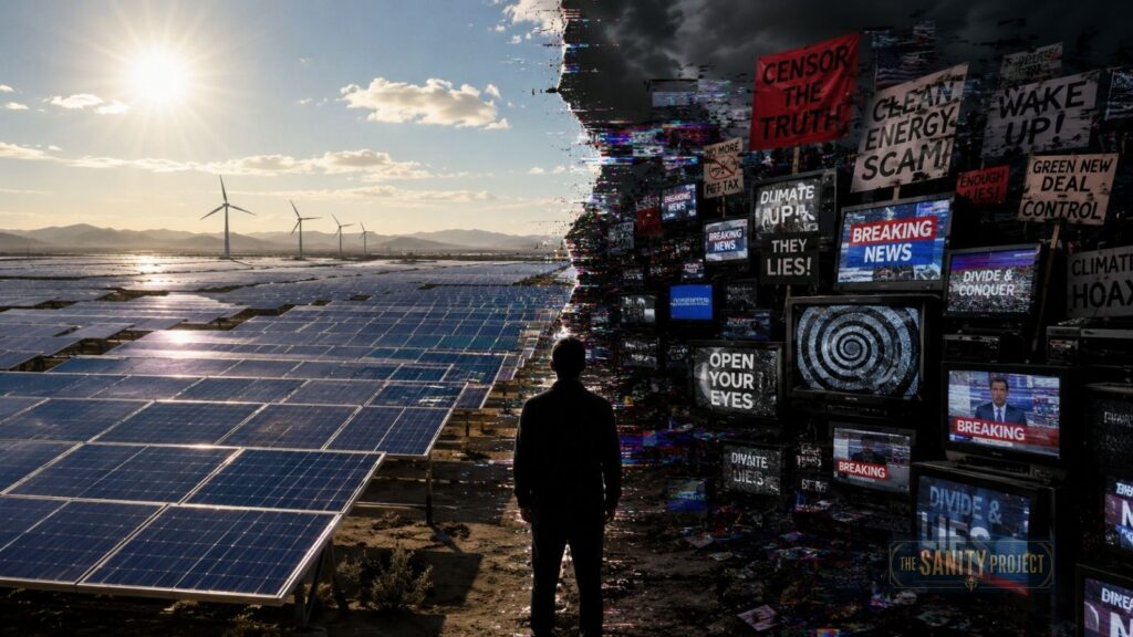 A person stands at the divide between a sunny field of solar panels and wind turbines on the left, and a dark, chaotic wall of glitching TV screens and protest signs spreading renewable energy misinformation on the right.