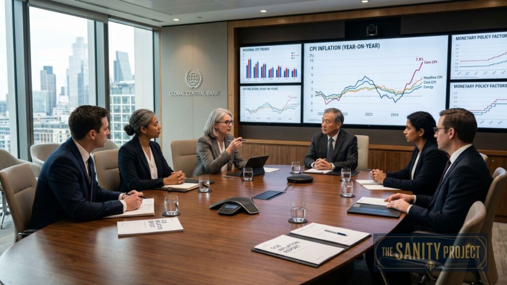 Six business professionals sit around a conference table in a modern office with city views. Charts showing “What does sticky inflation mean” and inflation data are displayed on screens behind them. Folders, water glasses, and The Sanity Project logo are visible.