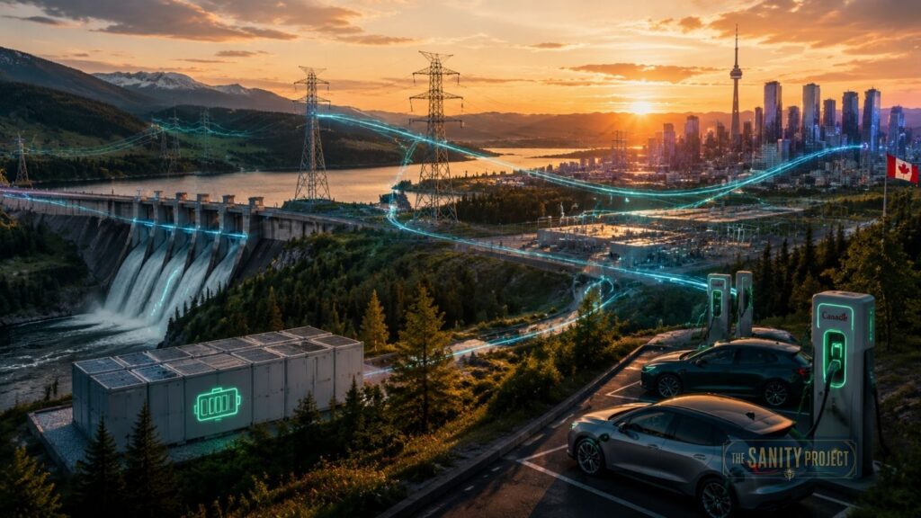 A futuristic city at sunset symbolizes the energy transition Canada, featuring a hydroelectric dam, power lines, and electric cars charging. Blue energy lines connect the dam to the city and cars. Mountains and a river frame the scene; a Canadian flag is visible.