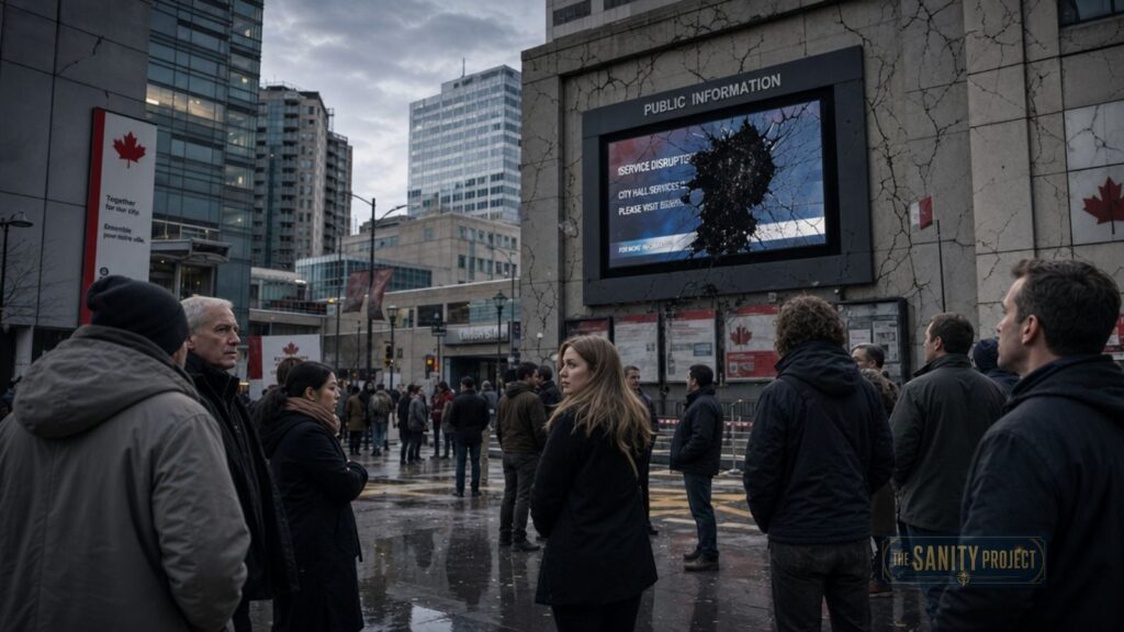 A group of people stand in a city square with wet pavement, facing a large cracked digital screen on a concrete building. The screen displays a public information alert, highlighting concerns about public trust in institutions. Canadian flags are visible; tall buildings surround the area.