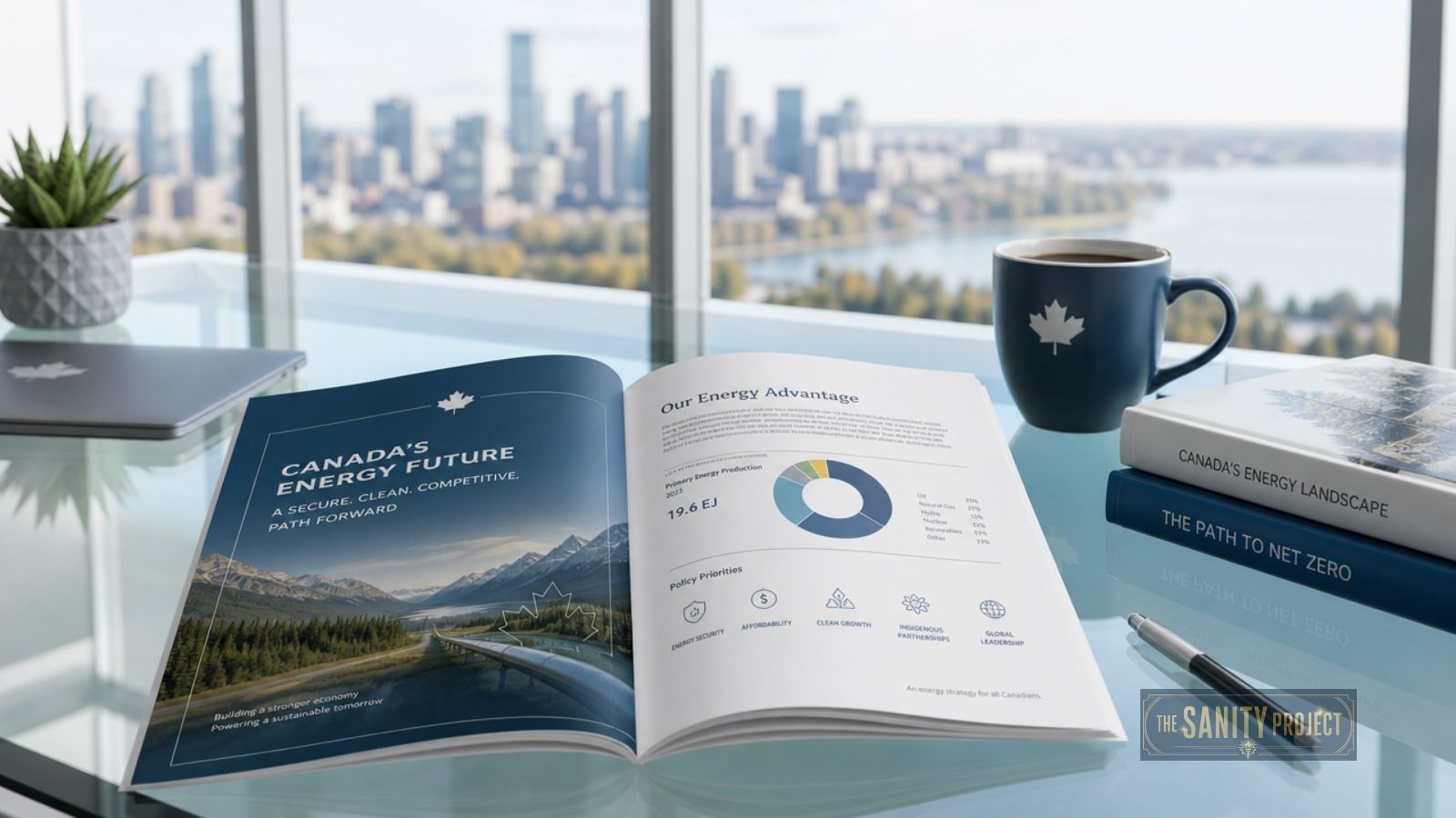 Open report on a glass desk shows charts and text about Canada's Renewable Energy Future. Nearby are a notebook, pen, coffee mug with a maple leaf, and two closed books. Large windows reveal a city skyline and river under a blue sky.