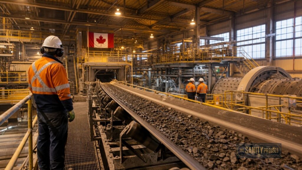 A worker in safety gear stands by a conveyor belt transporting dark ore—part of Canada’s critical minerals—in a large industrial facility. Two more workers are visible in the background, beneath a Canadian flag, surrounded by metal structures and warm lighting.
