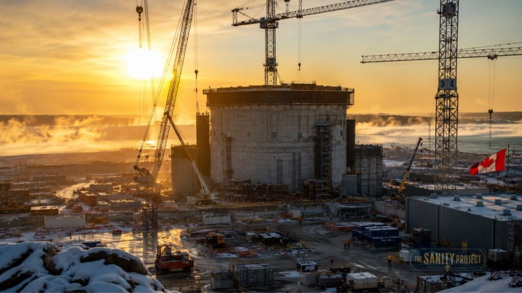 A large, cylindrical industrial structure is under construction at sunrise, surrounded by cranes and equipment. Mist rises from the ground, a Canadian flag is visible, and snowy terrain and water hint at Canada's Small Modular Reactor energy strategy.