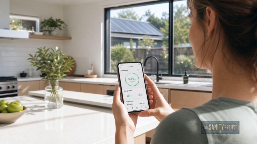 A person stands in a bright, modern kitchen holding a smartphone displaying a green energy savings app. Sunlight streams through large windows, revealing trees and solar panels—symbolizing their commitment to the solar energy transition. Green apples sit on the countertop.