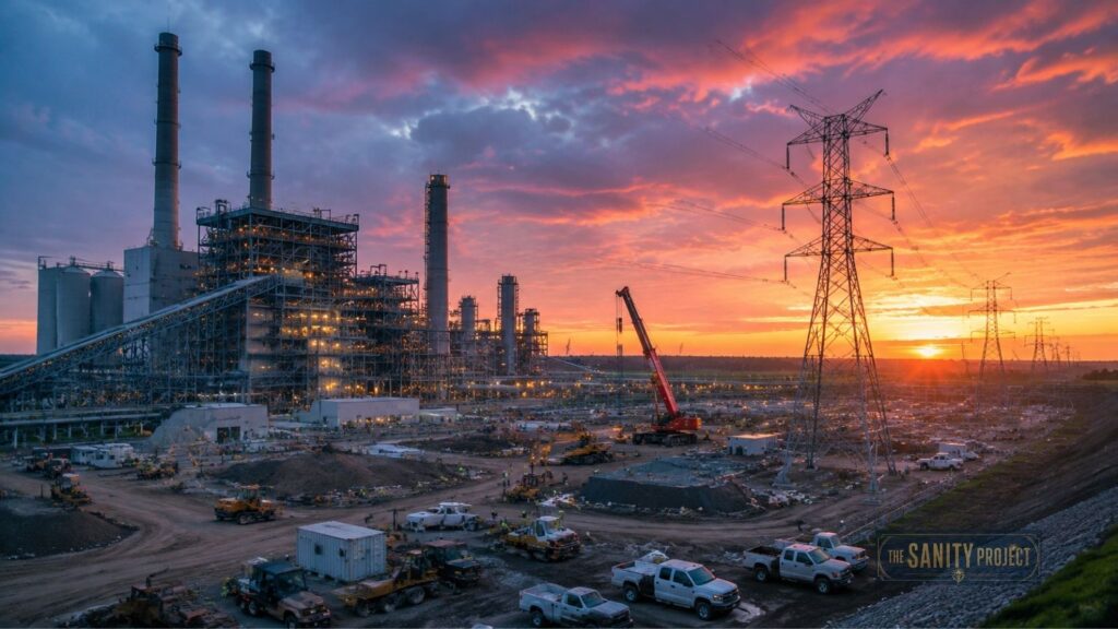 An industrial facility with smokestacks and bright lights operates at dusk. Construction vehicles and equipment surround the site, hinting at electric vehicle grid impact. To the right, tall power lines stand against a colorful sunset sky with dramatic clouds.