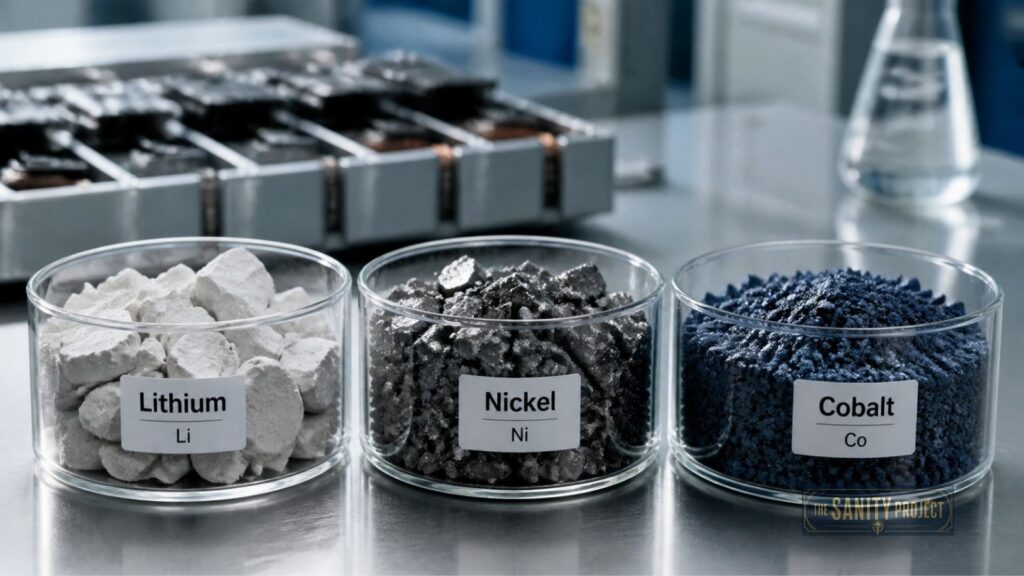 Three glass dishes on a metal surface contain raw minerals: white chunks labeled “Lithium Li,” shiny silver pieces labeled “Nickel Ni,” and blue powder labeled “Cobalt Co.” Ev battery recycling equipment is blurred in the background.