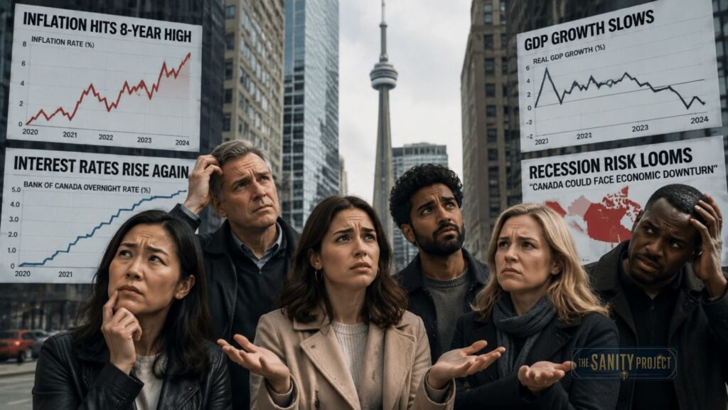 Six concerned adults stand in a city, financial graphs behind them highlighting perception vs economic reality—high inflation, rising interest rates, slowed GDP growth, and looming recession risks. The group looks worried amid tall buildings and a distant tower.