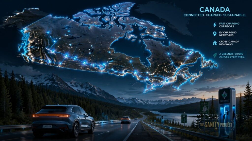 A glowing map of Canada highlights EV charging station networks along highways. Below, electric cars drive beside a lake and pine forest at dusk, showcasing ev adoption in Canada and the nation’s connected, sustainable EV infrastructure.