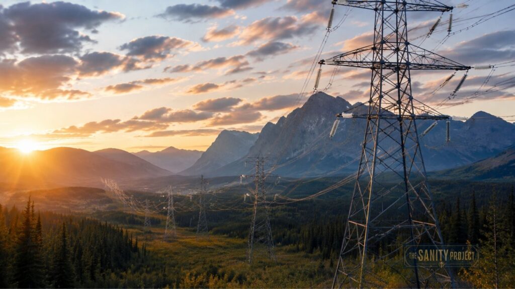 Sunset over a mountainous landscape with tall electrical transmission towers—part of the Canada Electricity Grid—stretching into the distance. Pine trees fill the foreground beneath dramatic clouds. A small logo reads “The Sanity Project.”.