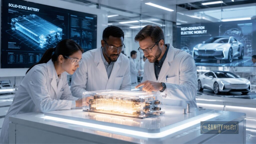 Three scientists in lab coats and safety glasses examine a glowing, transparent battery model, discussing lfp vs nmc battery differences. Digital screens behind them show technical diagrams, a futuristic car, and phrases like Next-Generation Electric Mobility in this high-tech lab.