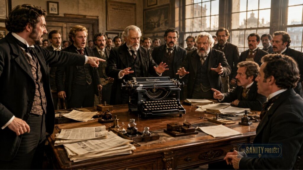 A group of Victorian-era men in suits passionately debate around a large wooden table with newspapers, a Remington typewriter, and fears of ai generated content at the center. Many gesture or point amid the ornate, old-fashioned office surroundings.