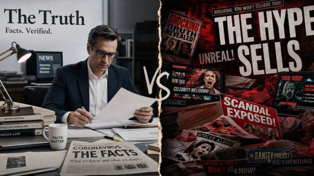 A split image: left side shows a serious man with glasses at a desk, surrounded by newspapers and fact-checking materials, labeled The Truth; right side shows chaotic headlines—demonstrating what causes misleading headlines—labeled The Hype Sells.