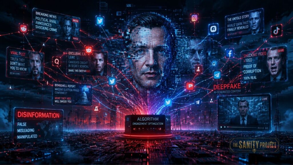A digital collage shows a man's face at the center, surrounded by floating screens and icons with headlines about fake news, deepfakes, trends in political disinformation, and viral posts. Lines connect the screens, symbolizing social media algorithms and digital manipulation.
