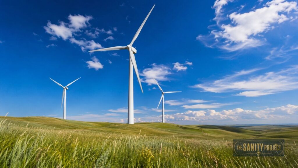 Three large white wind turbines stand on rolling green hills under a vibrant blue sky with scattered clouds. In the foreground, tall grass sways, symbolizing Canada's Renewable Energy Future. "The Sanity Project" logo appears in the bottom right corner.