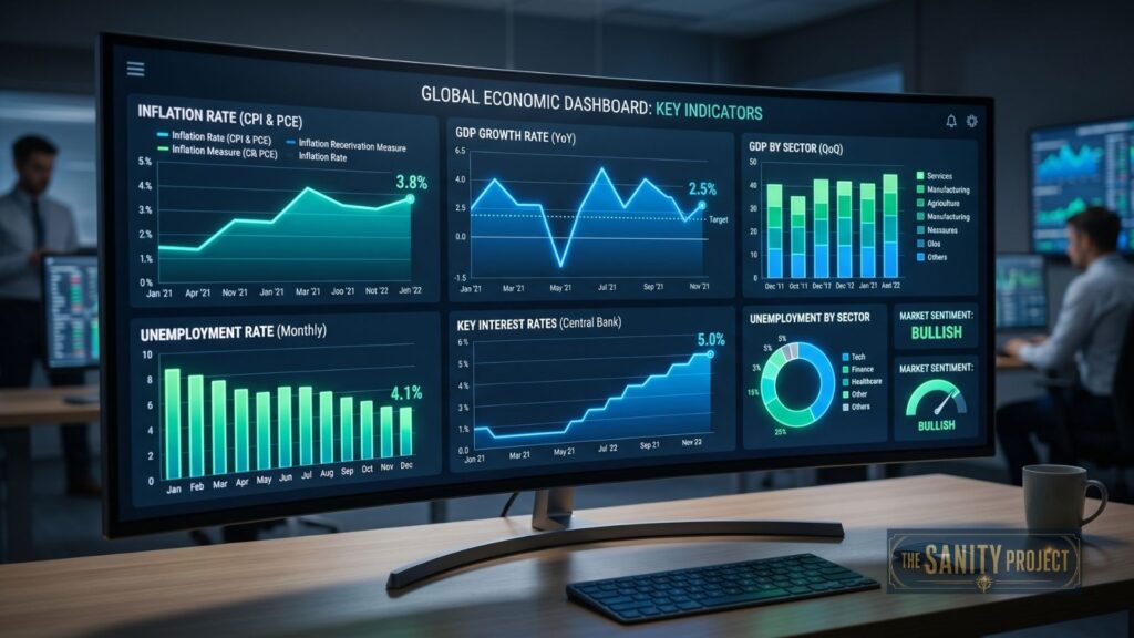 A widescreen monitor displays a global economic dashboard with charts and graphs of key economic indicators: inflation rate, GDP growth, sectoral GDP, unemployment, and interest rates. Market sentiment is bullish. Office setting with people and more monitors in the background.
