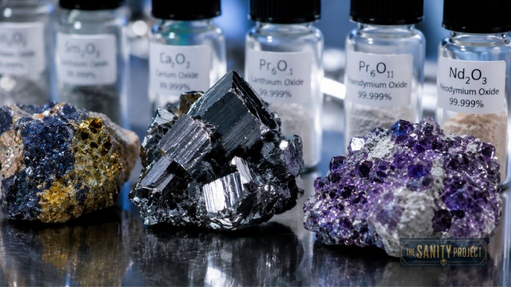 Five mineral samples sit before labeled vials of rare earth oxides—key among Canada’s critical minerals—on a reflective surface. The vibrant crystals pair with labels like Cerium Oxide, Praseodymium Oxide, and Neodymium Oxide.