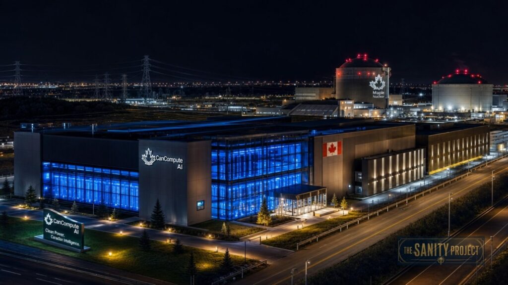A modern industrial building with blue-lit windows displays “UltraCompute AI” and a Canadian flag, reflecting Canada Nuclear Energy Strategy. In the background, domed “Bruce Power” structures hint at Small Modular Reactor Canada innovation. Roads and power lines surround the site at night.