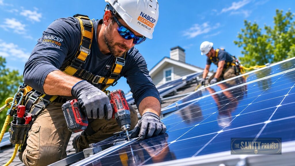Two workers in safety gear install solar panels on a rooftop under a blue sky, driving the solar energy transition. One focuses with a power drill while the other assists behind him. Both wear helmets and harnesses. The SANITY PROJECT logo appears at the bottom right.