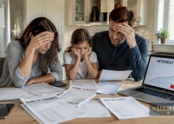 A worried family—mother, father, and daughter—sit at a kitchen table covered with bills, statements, and overdue notices. With canadian household debt rising, a laptop displays an “Interest Rates” chart trending upward.