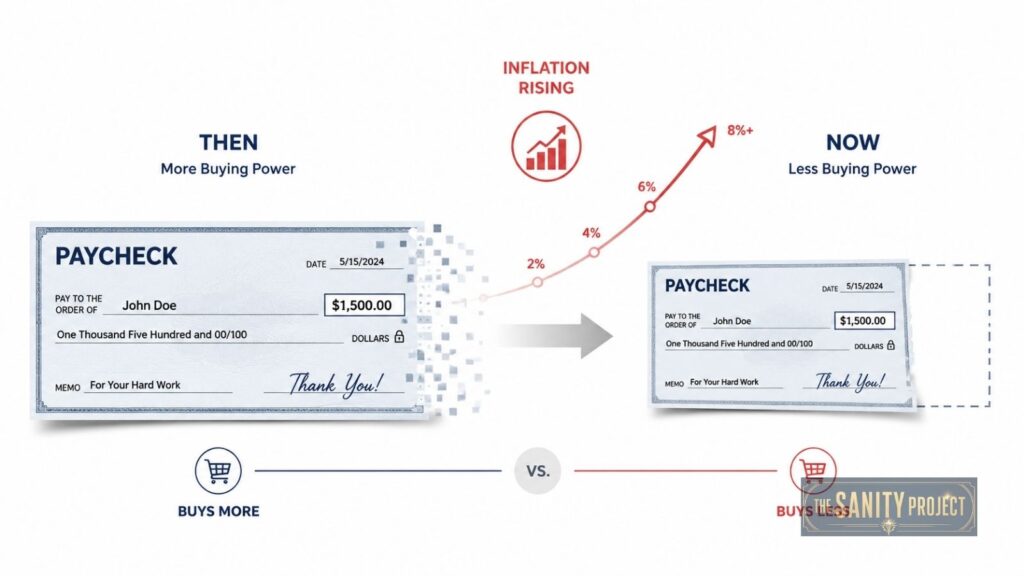 A visual comparison of two paychecks, both for $1,500. On the left—Then—the check is larger and marked Buys More. On the right—Now—the smaller check says Buys Less, illustrating how inflation affects wage growth as rates rise from 2% to 8%+.