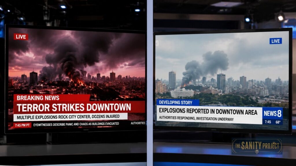 Two TV screens show news coverage of a city with dark smoke rising from buildings, highlighting how media narratives shape perception. The left reads “Terror Strikes Downtown” in red; the right, “Explosions Reported in Downtown Area” in blue.