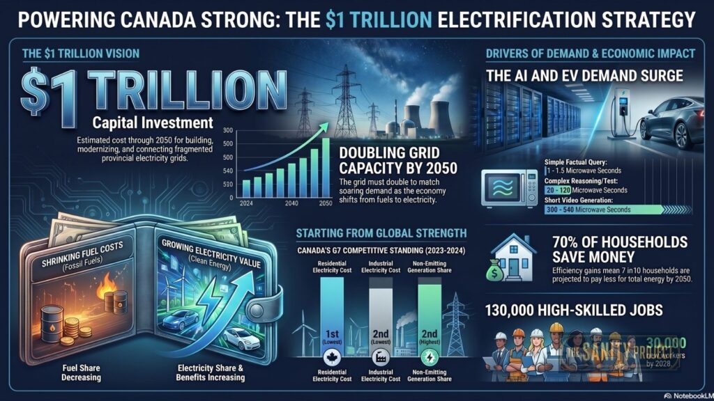 An infographic titled Powering Canada Strong: The $1 Trillion Electrification Strategy shows stats on the Canada Electricity Grid, investment, fuel savings, AI energy management, new jobs, and household savings with icons, graphs, and illustrations.