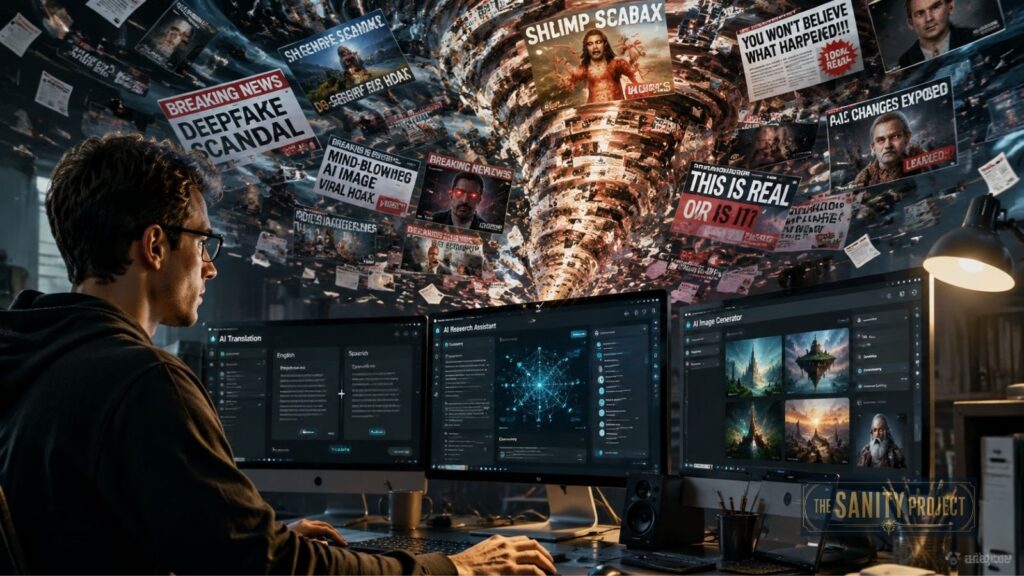A man in glasses sits at a desk with multiple monitors, analyzing data. Above him swirls a tornado of sensational headlines, images, ai generated content, and conspiracy theories—highlighting information overload and digital chaos. The Sanity Project logo appears at the bottom right.