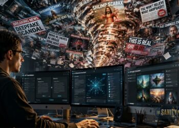 A man in glasses sits at a desk with multiple monitors, analyzing data. Above him swirls a tornado of sensational headlines, images, ai generated content, and conspiracy theories—highlighting information overload and digital chaos. The Sanity Project logo appears at the bottom right.