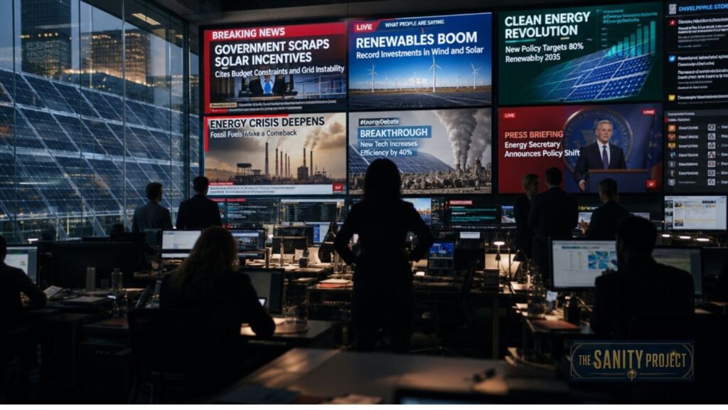 A modern control room with people at computer stations monitors large screens displaying news about energy policies, solar incentives, an energy crisis, and renewable energy misinformation. A press briefing appears on one screen, The Sanity Project logo in the corner.