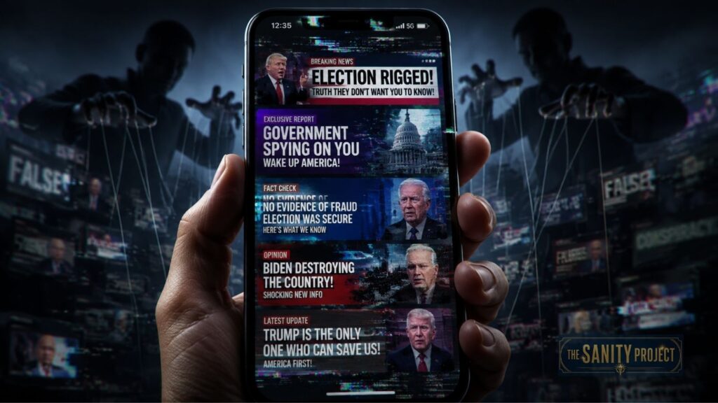 A hand holds a smartphone displaying sensational political headlines. In the background, shadowy puppeteer hands control strings attached to the phone and news images, symbolizing trends in political disinformation. The overall tone is dark and dramatic.