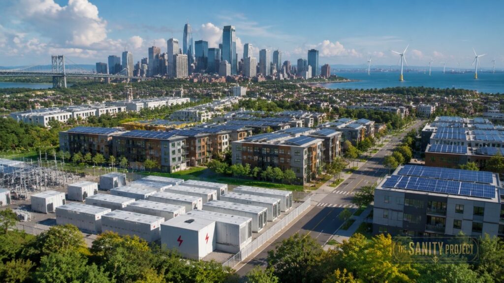 A modern cityscape features solar panels on apartment roofs, white energy storage units in the foreground, and a skyline with tall buildings across the water—proving real progress amid a war on renewable energy. Wind turbines and lush streets complete the vibrant scene.