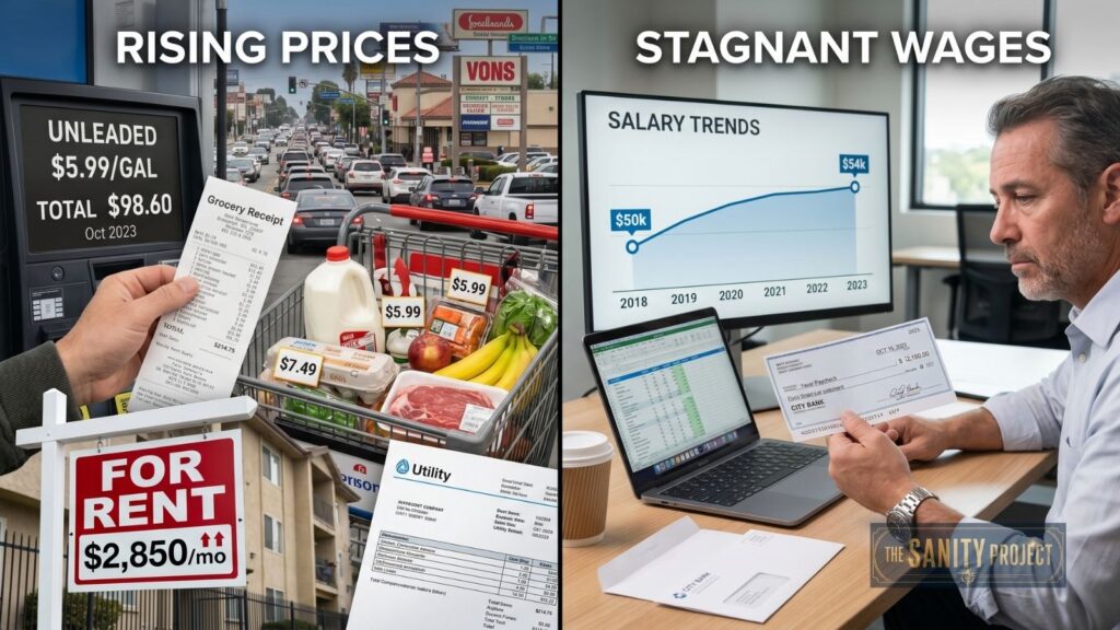 A split image: Left shows high gas prices, traffic jams, pricey groceries, rising rent, and utility bills—key economic indicators. Right shows a man at his desk viewing a paycheck and a graph of minimally increasing salary trends from 2018 to 2023.