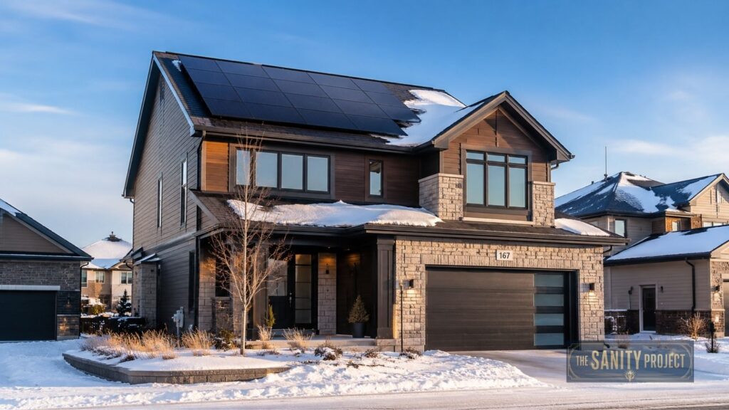 A modern two-story house with stone and dark wood siding, large windows, a two-car garage, and solar panels highlights Canada's Renewable Energy Future. Snow blankets the roof and ground; bare trees line the yard under a clear blue sky.