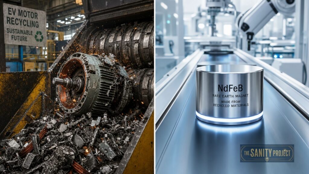 The image is split into two panels. Left: An electric vehicle motor, part of Canada’s critical minerals supply chain, is shredded for recycling. Right: A shiny, labeled NdFeB rare earth magnet on machinery signals it’s made from recycled materials. A sign reads The Sanity Project.