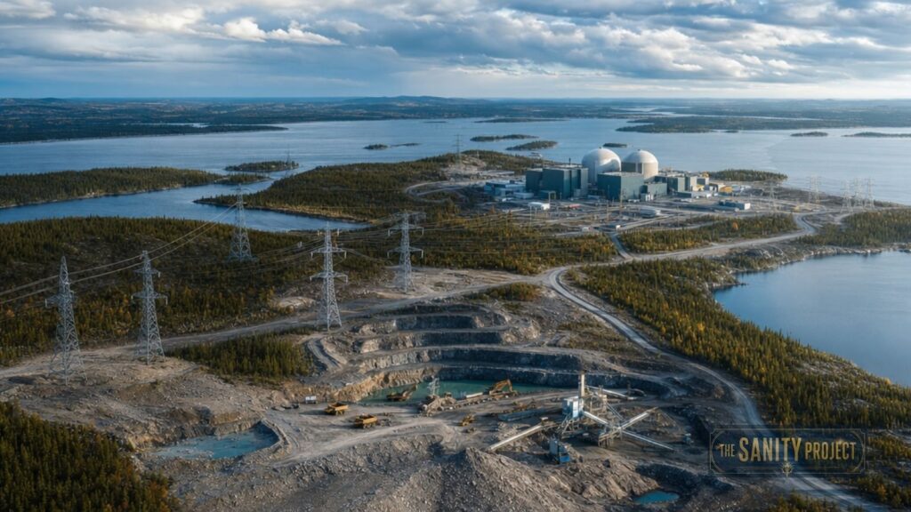 Aerial view of a nuclear power plant by a lake, surrounded by forests and water. Numerous electric lines extend from the plant. A large construction site is visible, highlighting Canada Nuclear Energy Strategy. “The Sanity Project” logo is present.