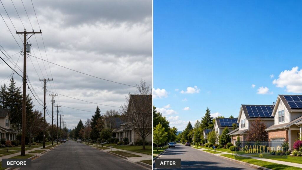 Split image: Left side shows a cloudy, overcast suburban street lined with utility poles and wires. Right side captures a solar energy transition—sunshine, blue sky, wires gone, and solar panels installed on house roofs.