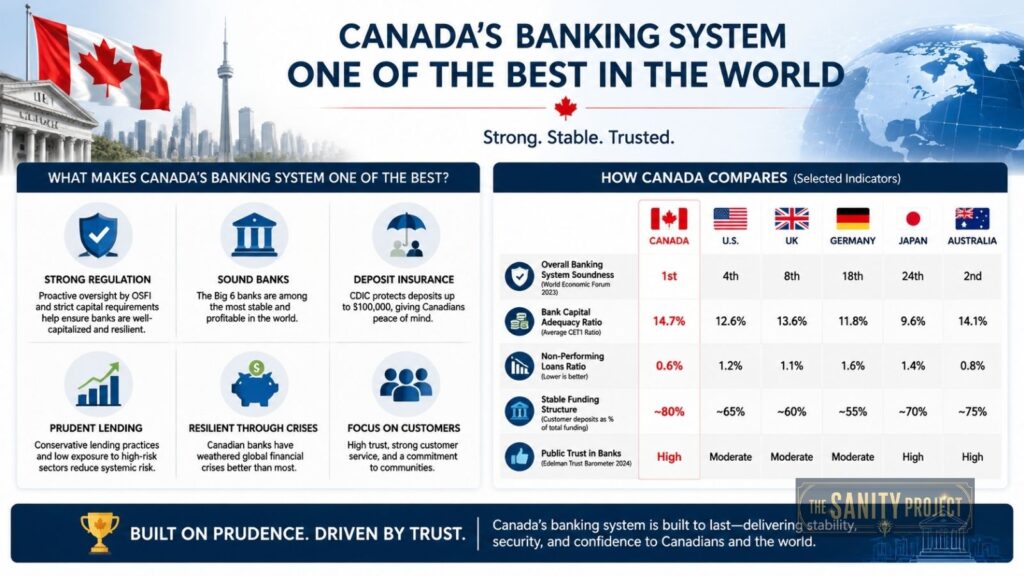 Infographic titled “Canada’s Banking System One of the Best in the World.” It compares banks in six countries, highlights strong regulation, sound banks, prudent lending despite high Canadian household debt, resiliency, and focus on customers.