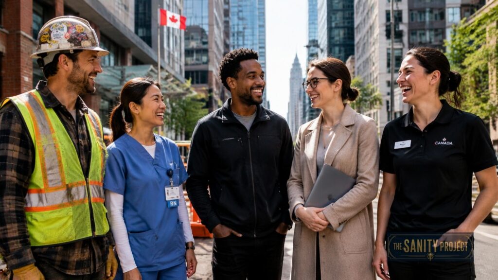 A diverse group of five adults—construction worker, nurse, man in casual clothes, woman with glasses and tablet, and woman in a uniform—stand outdoors in a city with tall buildings and a Canadian flag, discussing a guide to labour market data.
