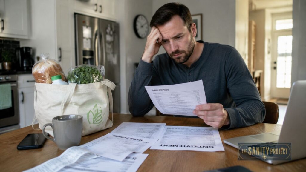 A man sits at a kitchen table, stressed, reading papers labeled “Groceries” and “Statement.” Surrounded by groceries in a reusable bag, he worries about how inflation affects wage growth in a modern kitchen setting. A mug and laptop sit nearby.