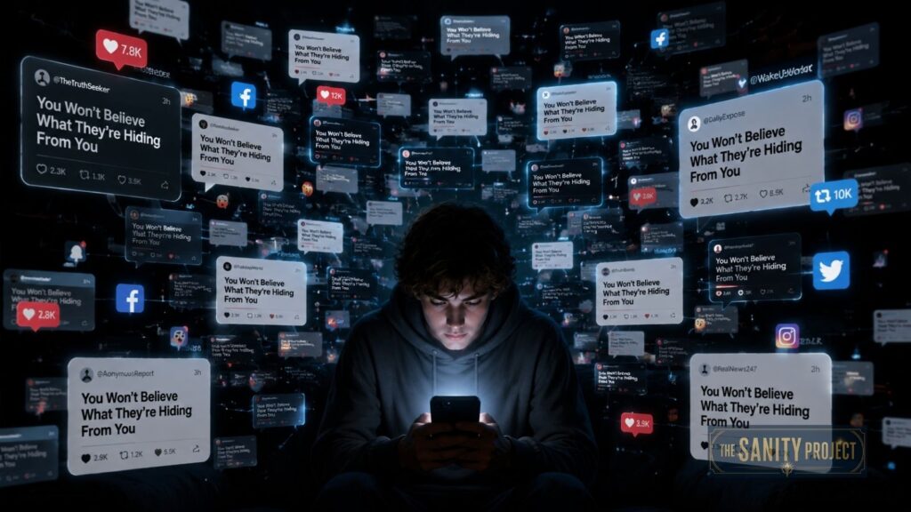 A person sits in darkness, illuminated by their phone, surrounded by floating social media posts and notifications repeating “You Won’t Believe What They’re Hiding From You,” illustrating information overload and how media narratives shape perception.